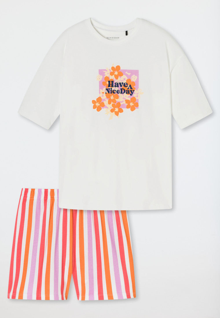 Schlafanzug kurz Organic Cotton Streifen Blumen off-white - Nightwear