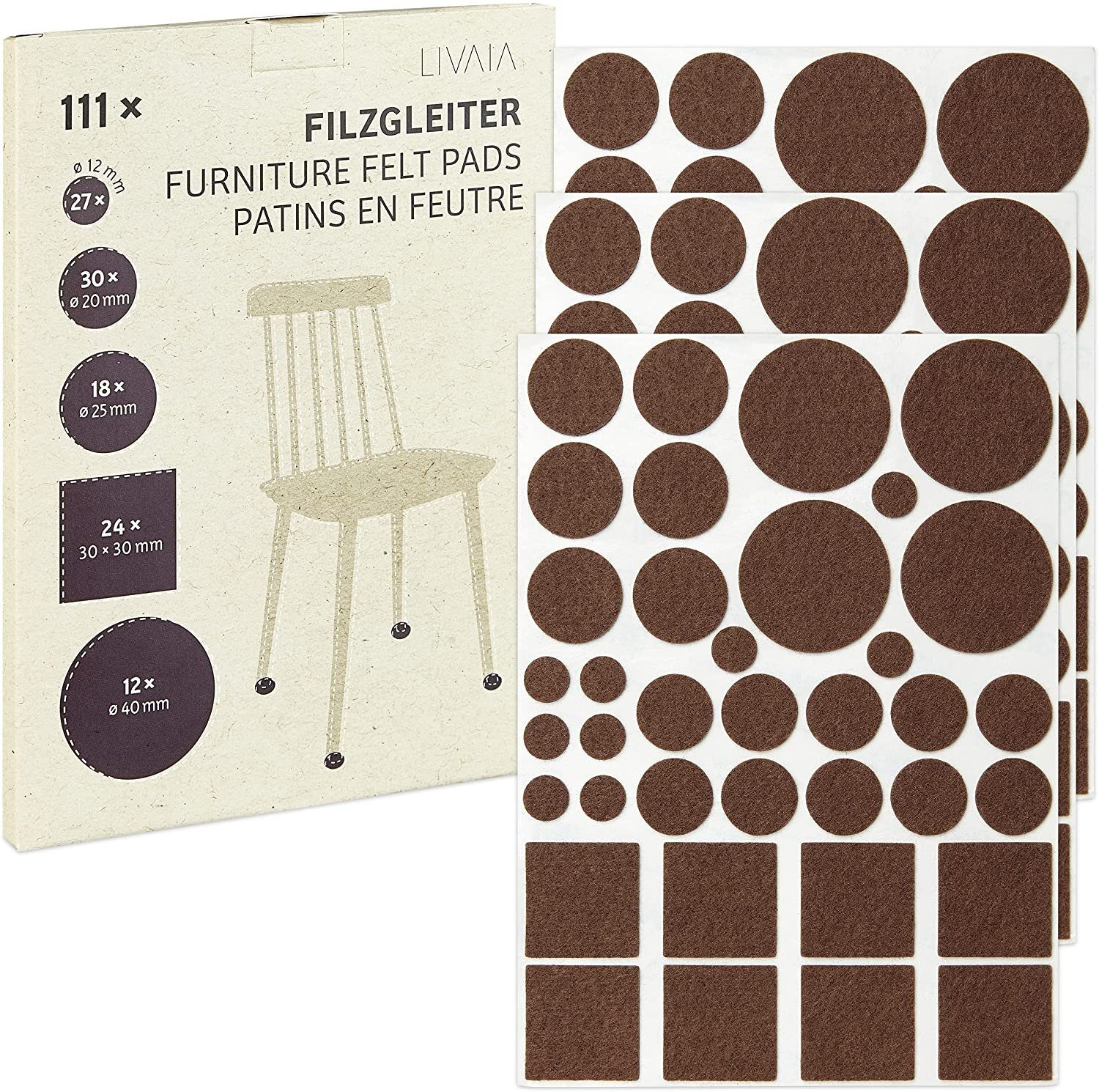 LIVAIA Filzgleiter Selbstklebende Filzgleiter-Set, (111x Stuhl Filzgleiter Set in 5 Größen, 111 St), STARKE HAFTUNG