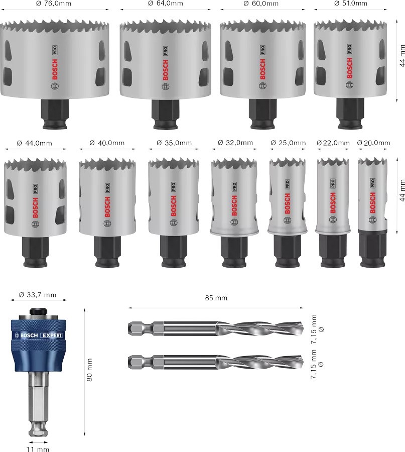 Bosch Blue Accessories 2608594426 Pro Multi Material PC Plus juego de 14 piezas de brocas de corona de 20 a 76 mm
