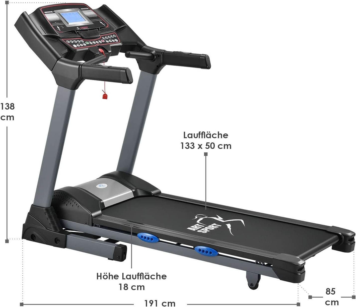 ArtSport Laufband (7 Zoll LCD Display, bis 150 kg, Lauffläche: 133 x 50 cm), Speedrunner 6000 klappbar - 22 km/h, 99 Programme, 22 Steigungsstufen
