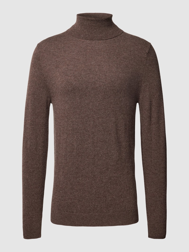 Strickpullover mit Rollkragen in dunkelbraun meliert
