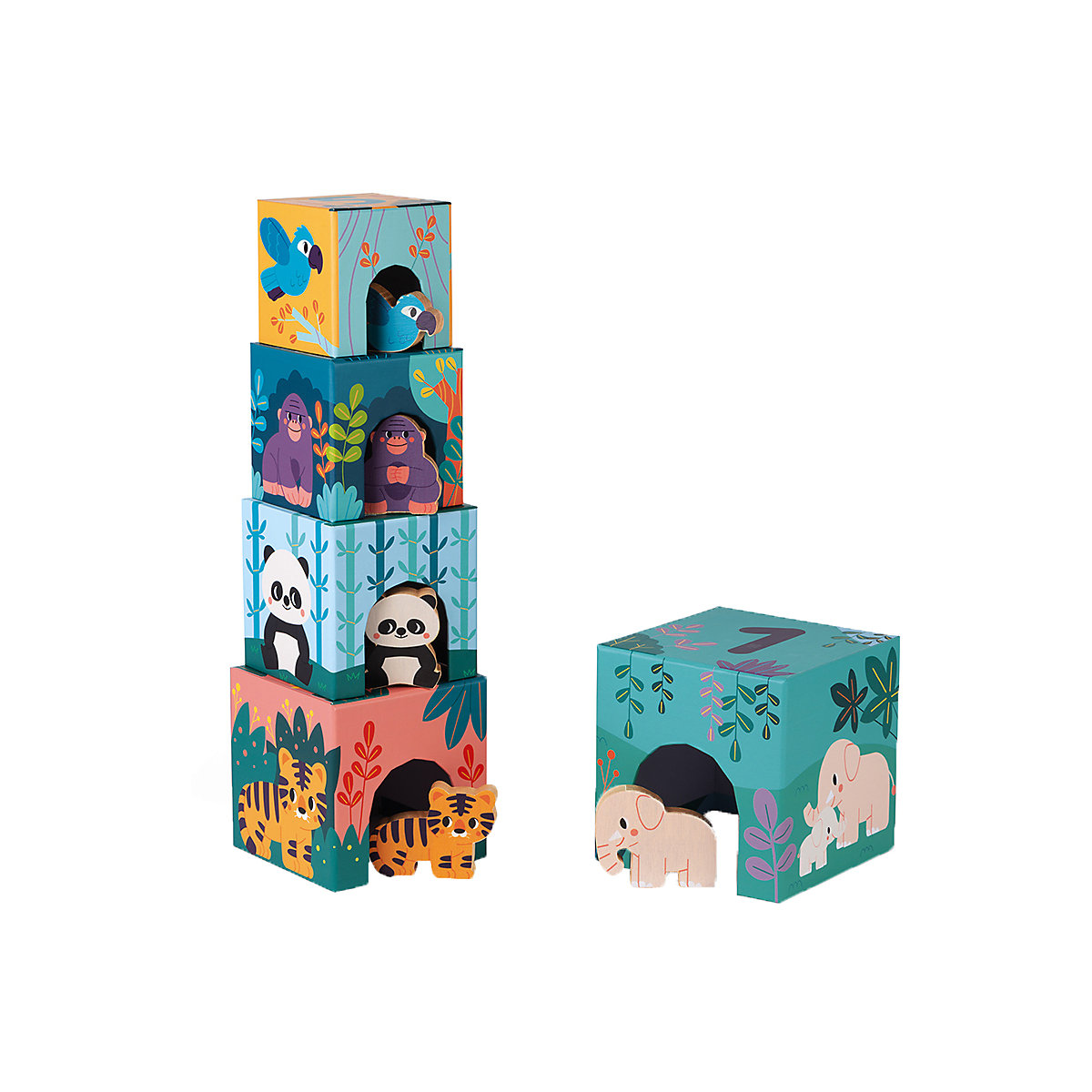 Janod-WWF® Stapelpyramide "Tiere" mit 5 Holzfiguren