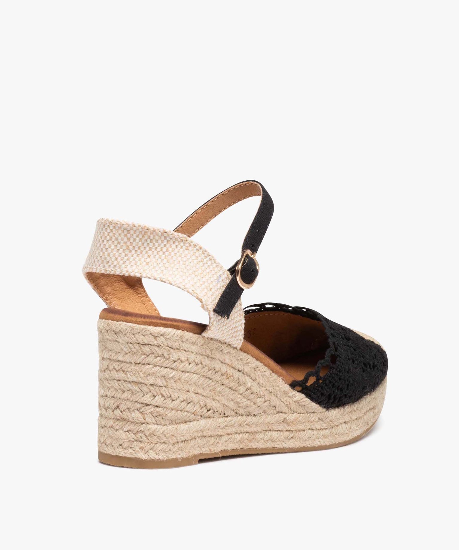 Sandales femme compensées en jute avec dessus brodé noir | GEMO