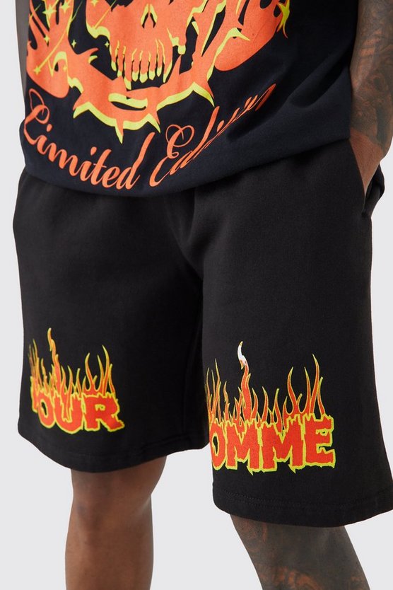 Oversize Jersey-Shorts mit Pour Homme Flammen-Print