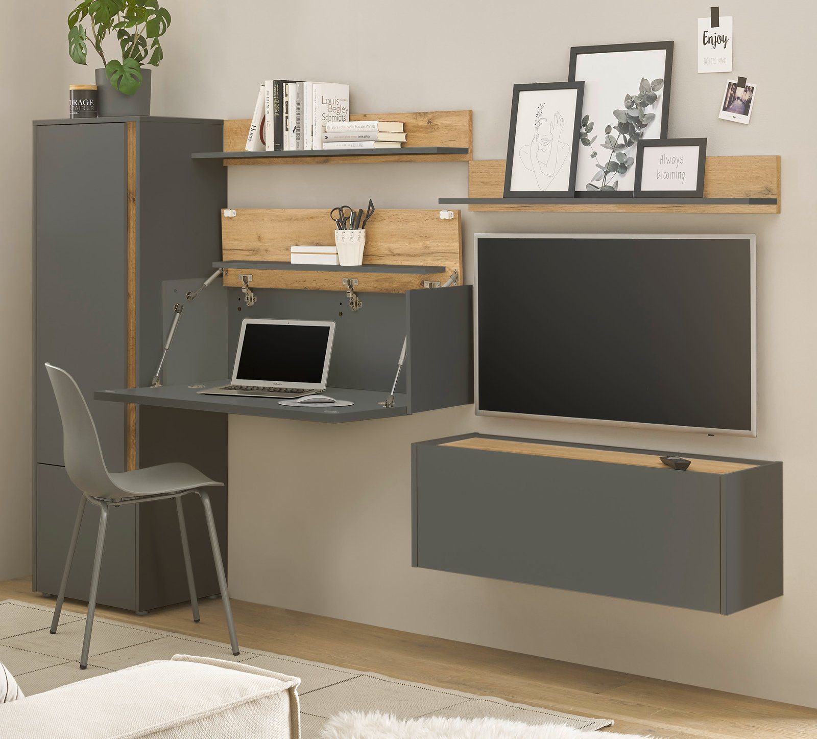Furn.Design Aktenregal Center, Regalschrank in matt grau mit Wotan Eiche, 5 Fächer