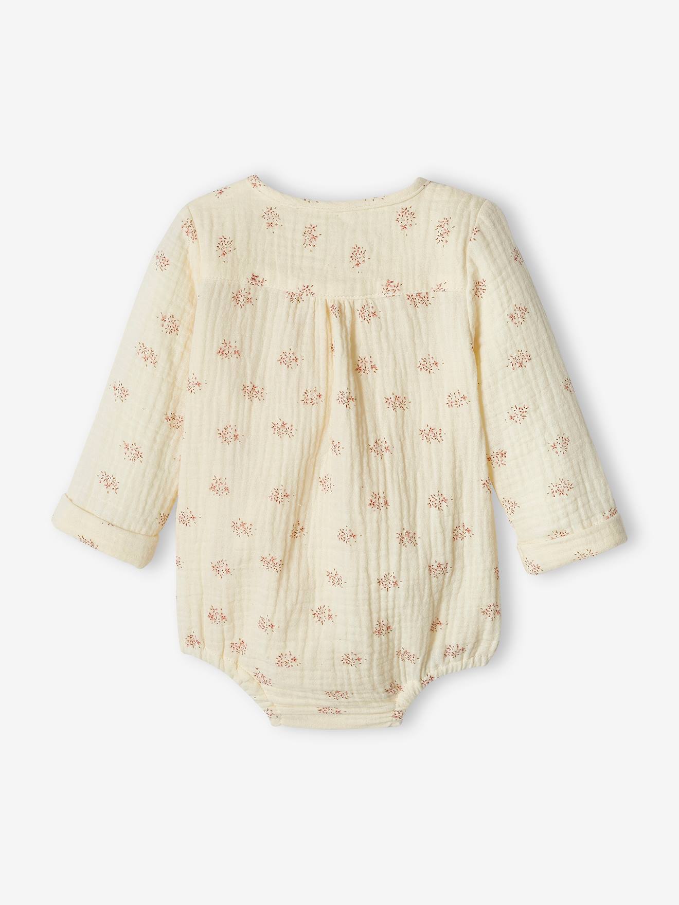 Body fleuri en gaze de coton bébé naissance manches longues écru