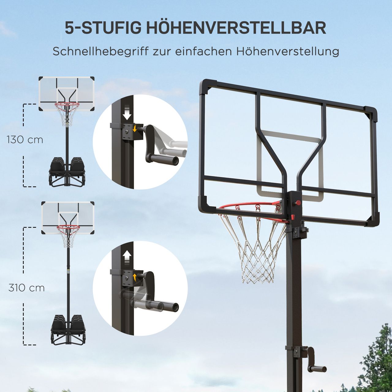 SPORTNOW SPORTNOW Basketballkorb mit Ständer, 130-310 cm klappbar Basketballständer