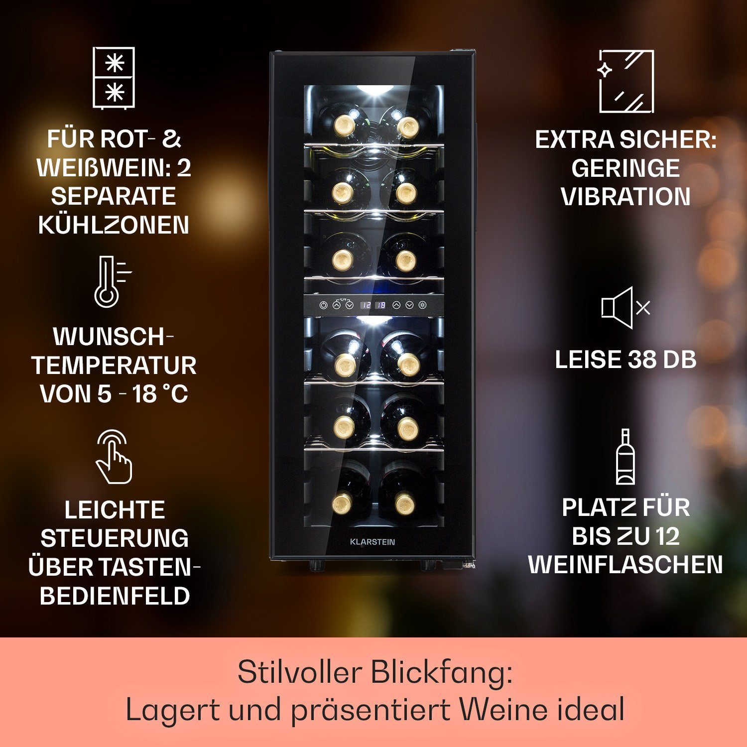 Klarstein Weinkühlschrank Shiraz, für 12 Standardflaschen á 0,75l,Wein Flaschenkühlschrank Weintemperierschrank Weinschrank Kühlschrank