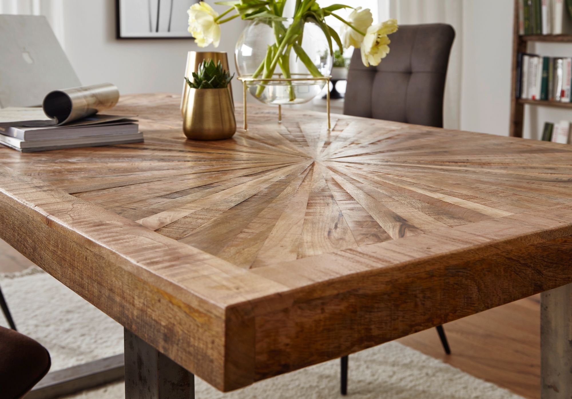 FINEBUY Esstisch SuVa18463_1 (Mango Massivholz Esszimmertisch 180x76,5x90 cm), Küchentisch mit Metallgestell, Holztisch Esszimmer