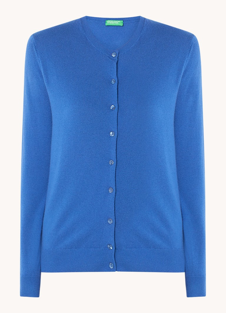 Cardigan Benetton cu guler rotund, confecționat din lână fină.