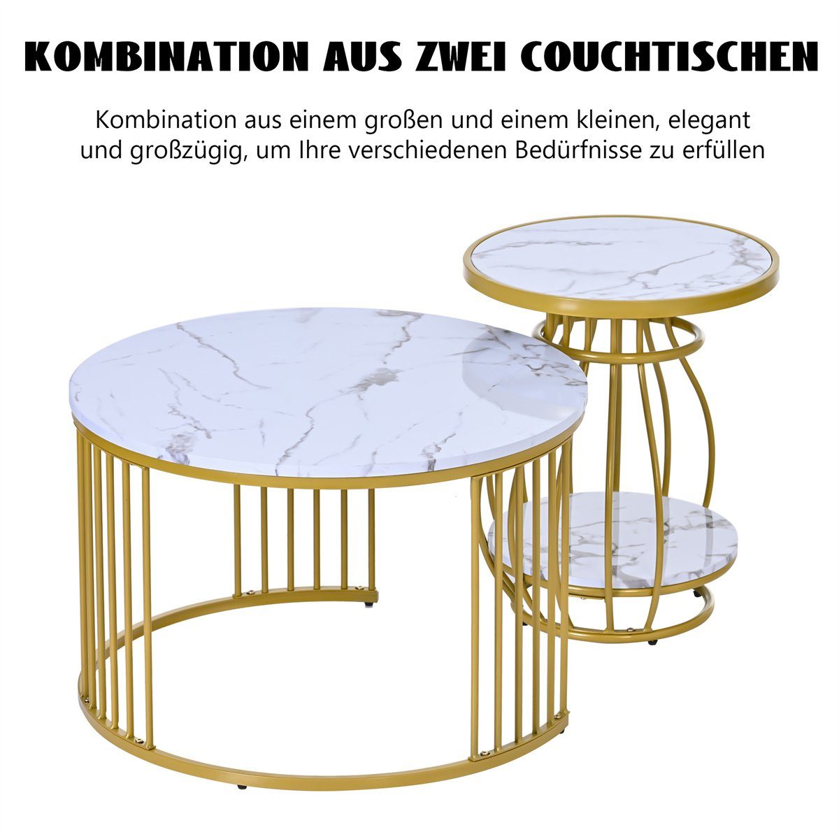 XDeer Couchtisch Couchtisch 2er Set,robustes Sofatisch Wohnzimmertisch Rund, Beistelltisch mit golden Eisengestell(70*70*45.5/45*45*53.5cm)