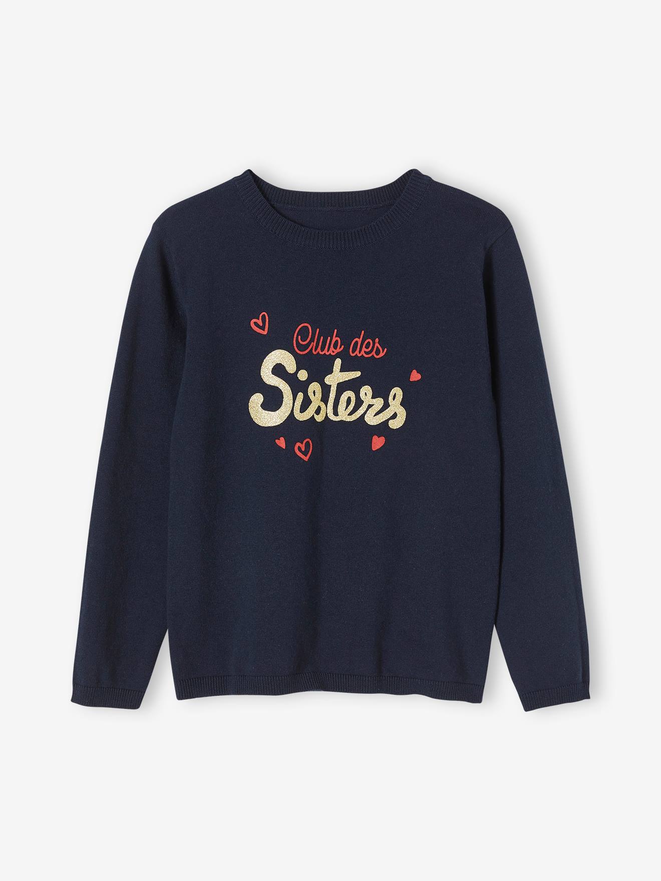 Pull à message Basics fille message irisé en relief marine club des sisters