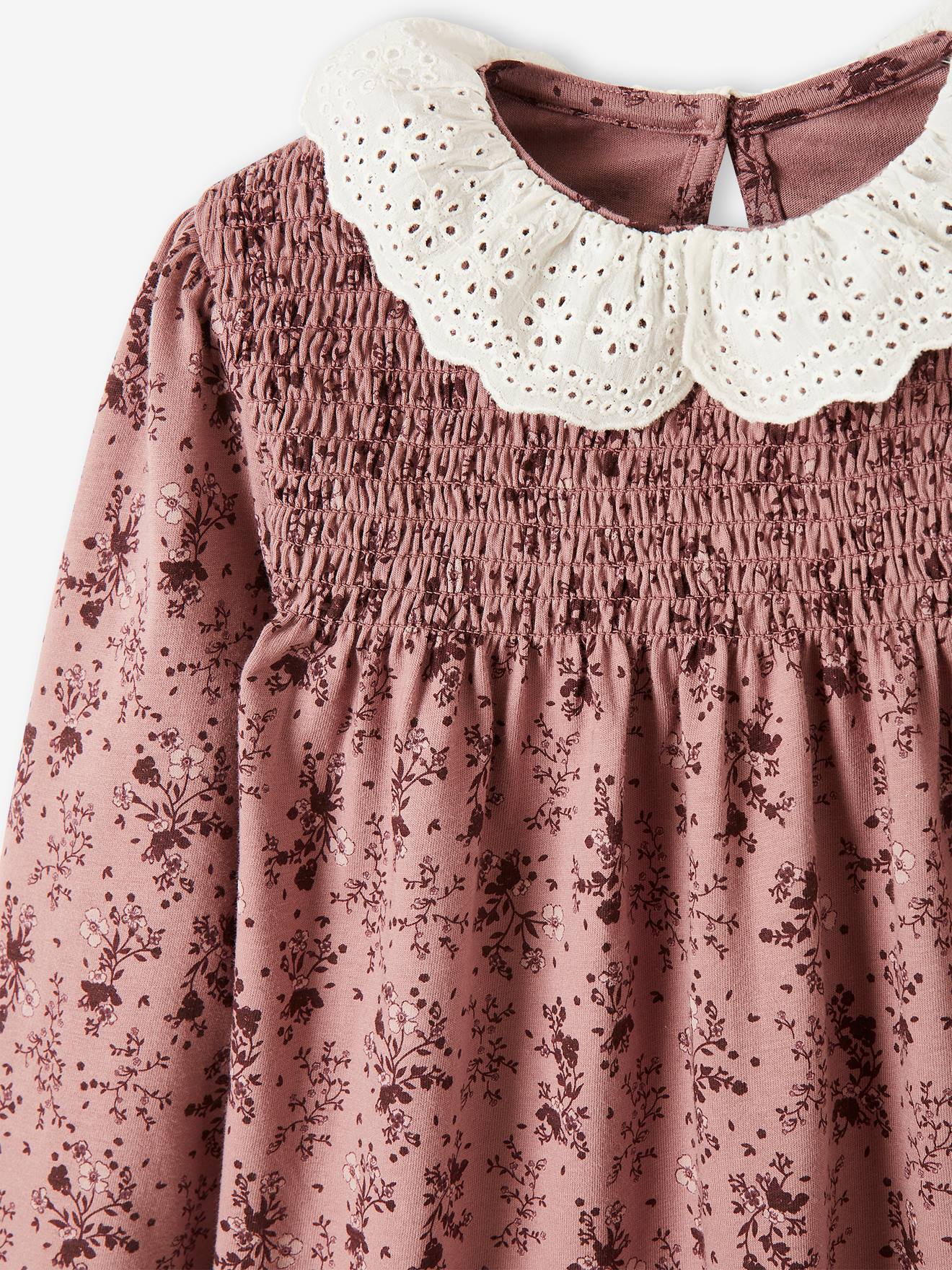 T-shirt blouse col en broderie anglaise fille marine rayé