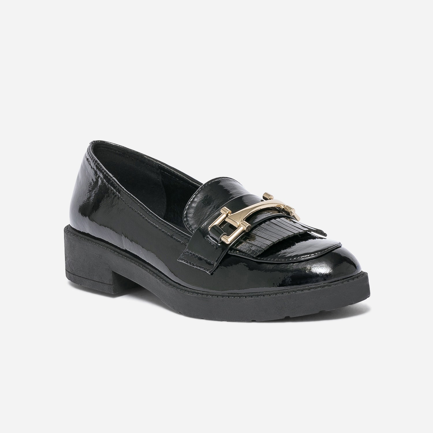 Mocassin noir verni à franges