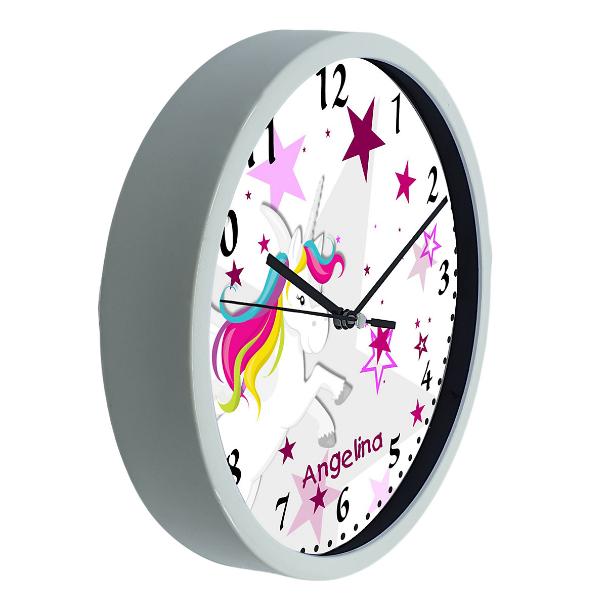 Kinder Wanduhr personalisiert mit Name Pegasus Sterne Rosa