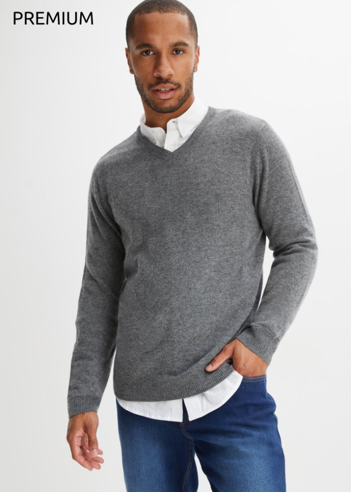 Premium Woll-Pullover mit Good Cashmere Standard®-Anteil, V-Ausschnitt