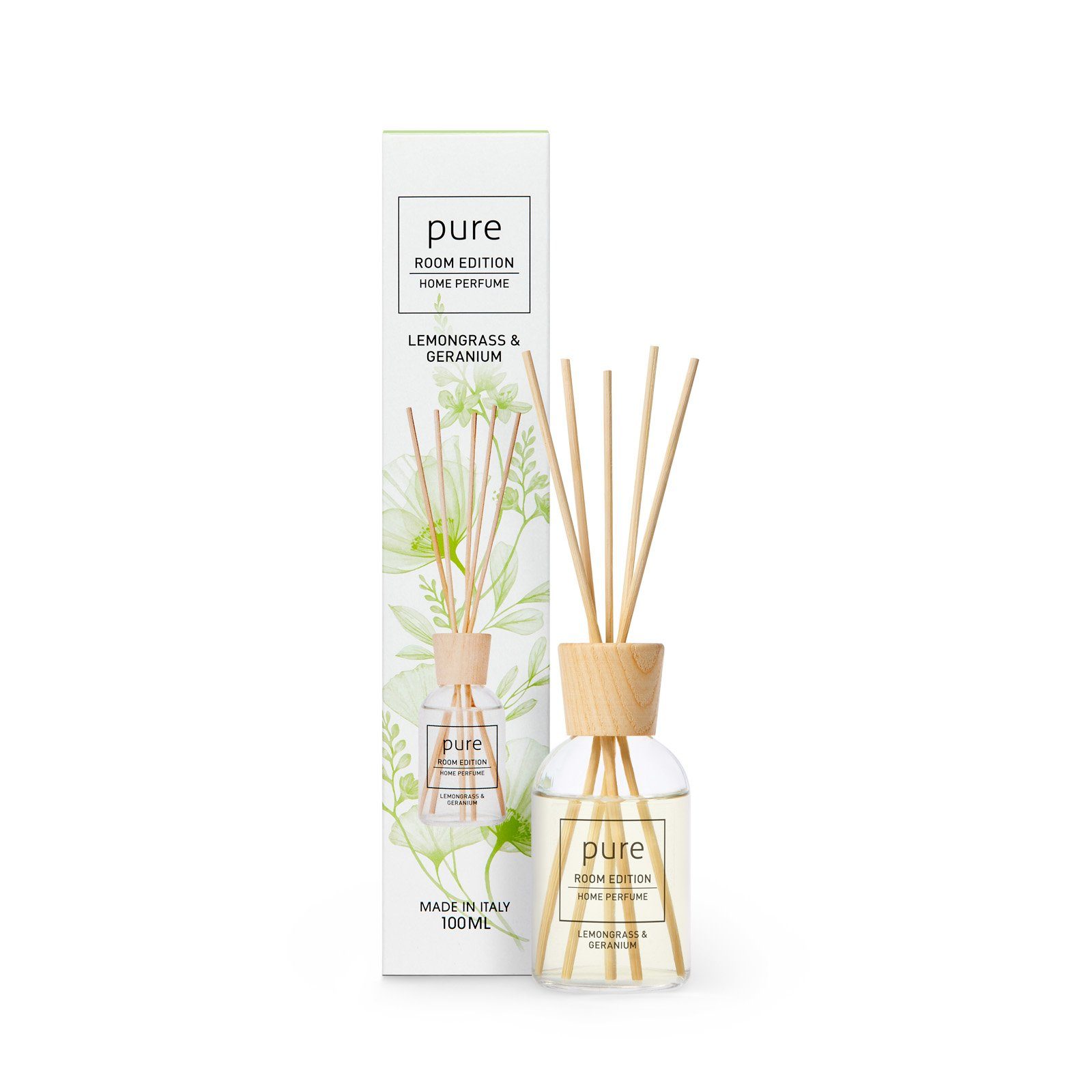 PURE ROOM EDITION Raumduft 100 ml (1 x 100 ml Zitronengras & Geranie Raumduft + 5 Duftstäbchen)