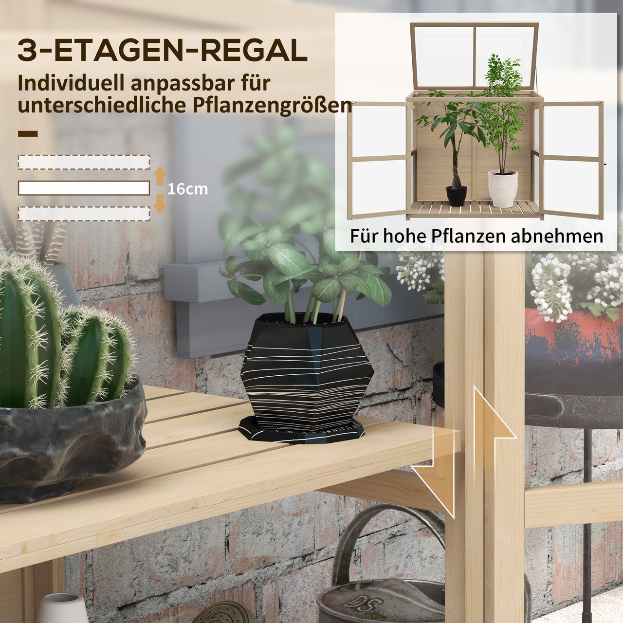 Outsunny Frühbeet aus Holz Gewächshaus 2-Stufiges Treibhaus mit Doppeltür, Natur