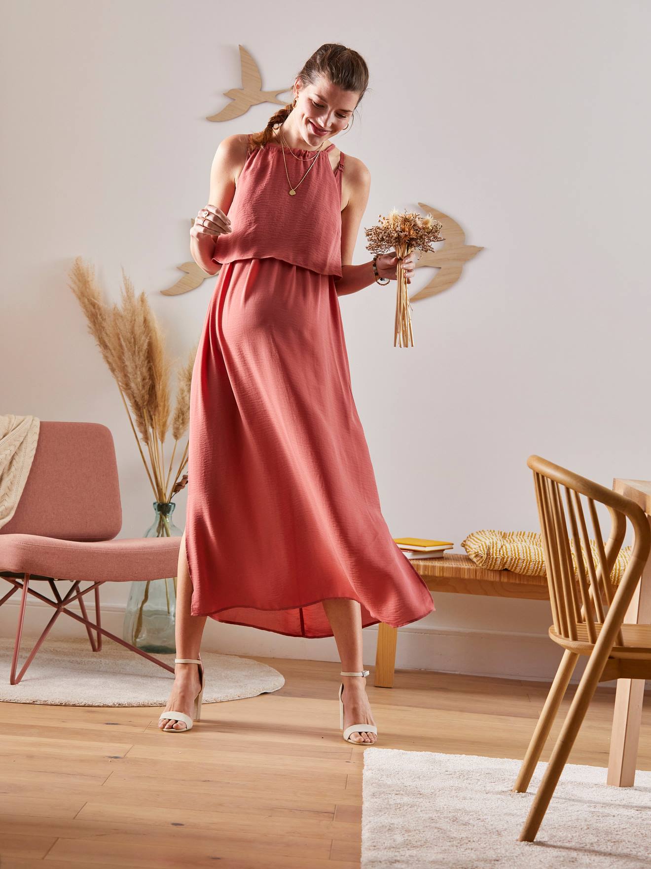 Robe longue sans manches grossesse et allaitement marron
