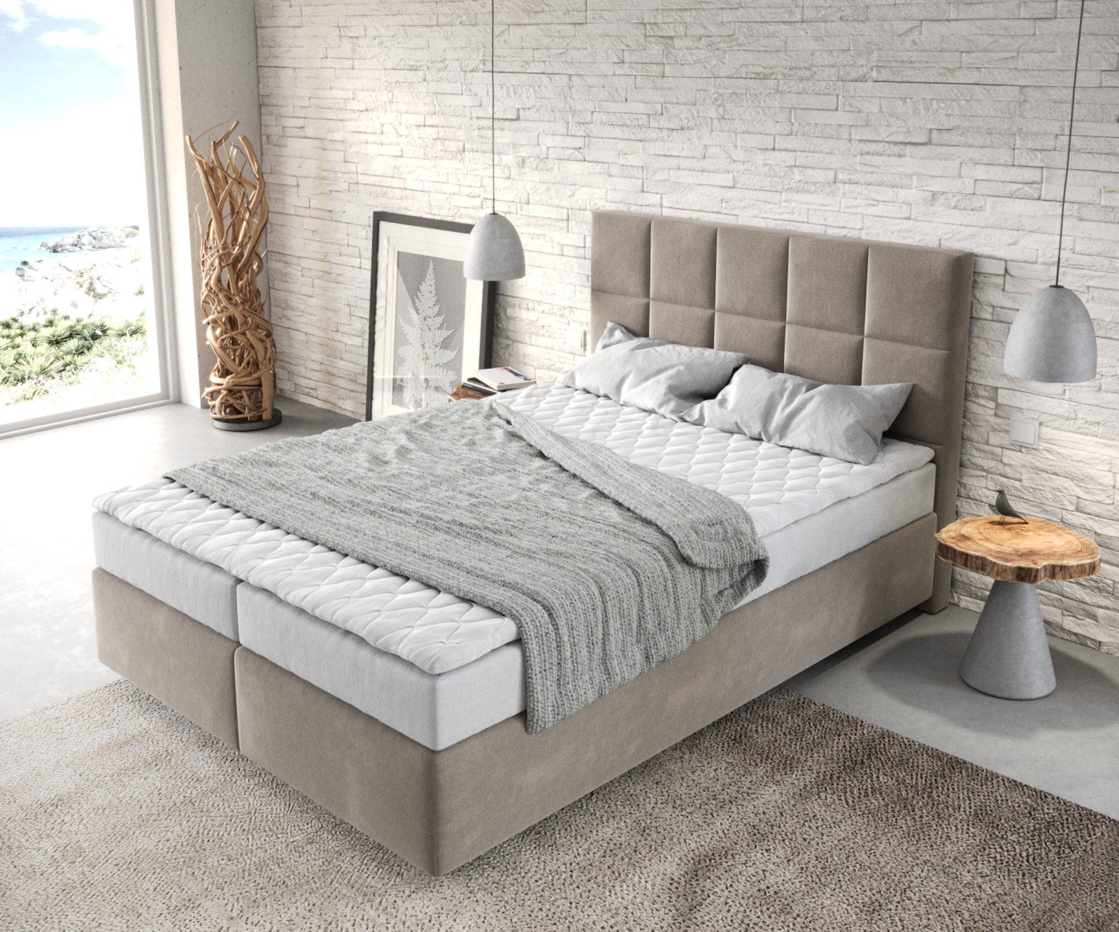 DELIFE Boxspringbett Dream-Fine, Mikrofaser Beige 140x200 cm mit Matratze und Topper