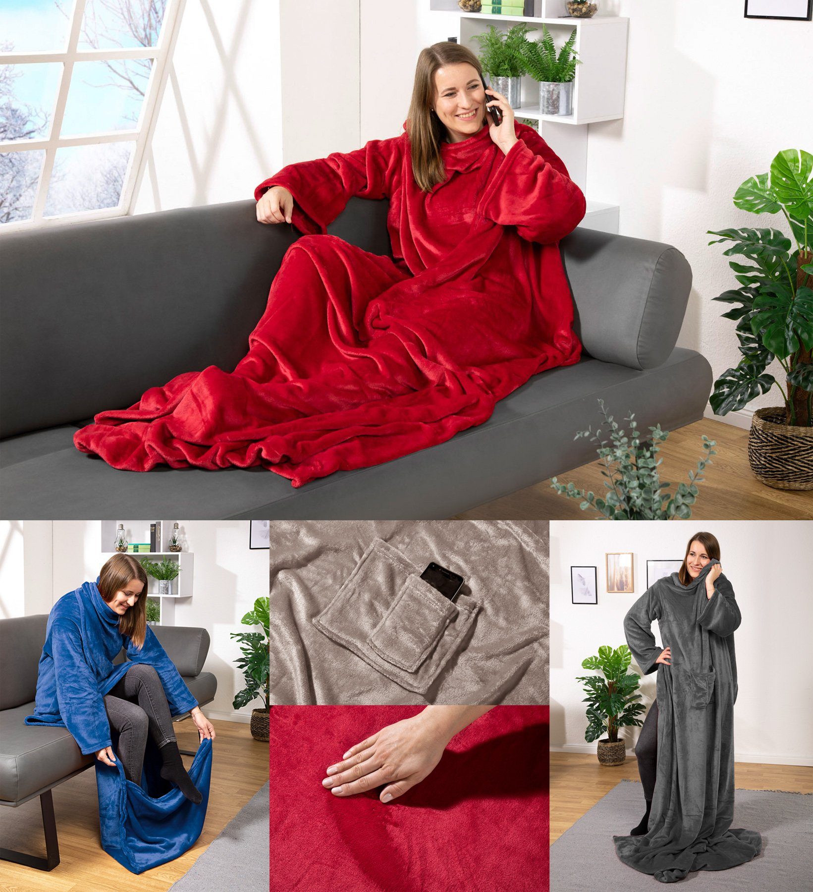 Wohndecke Kuscheldecke mit Ärmeln Super Soft Flanell Decke, heimtexland, Ärmeldecke mit 2 Taschen und Fußsack
