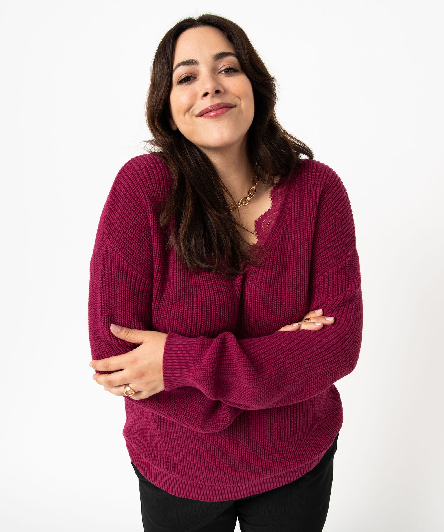 Pull grosse maille avec décolleté V en dentelle femme gran... bordeaux | GEMO