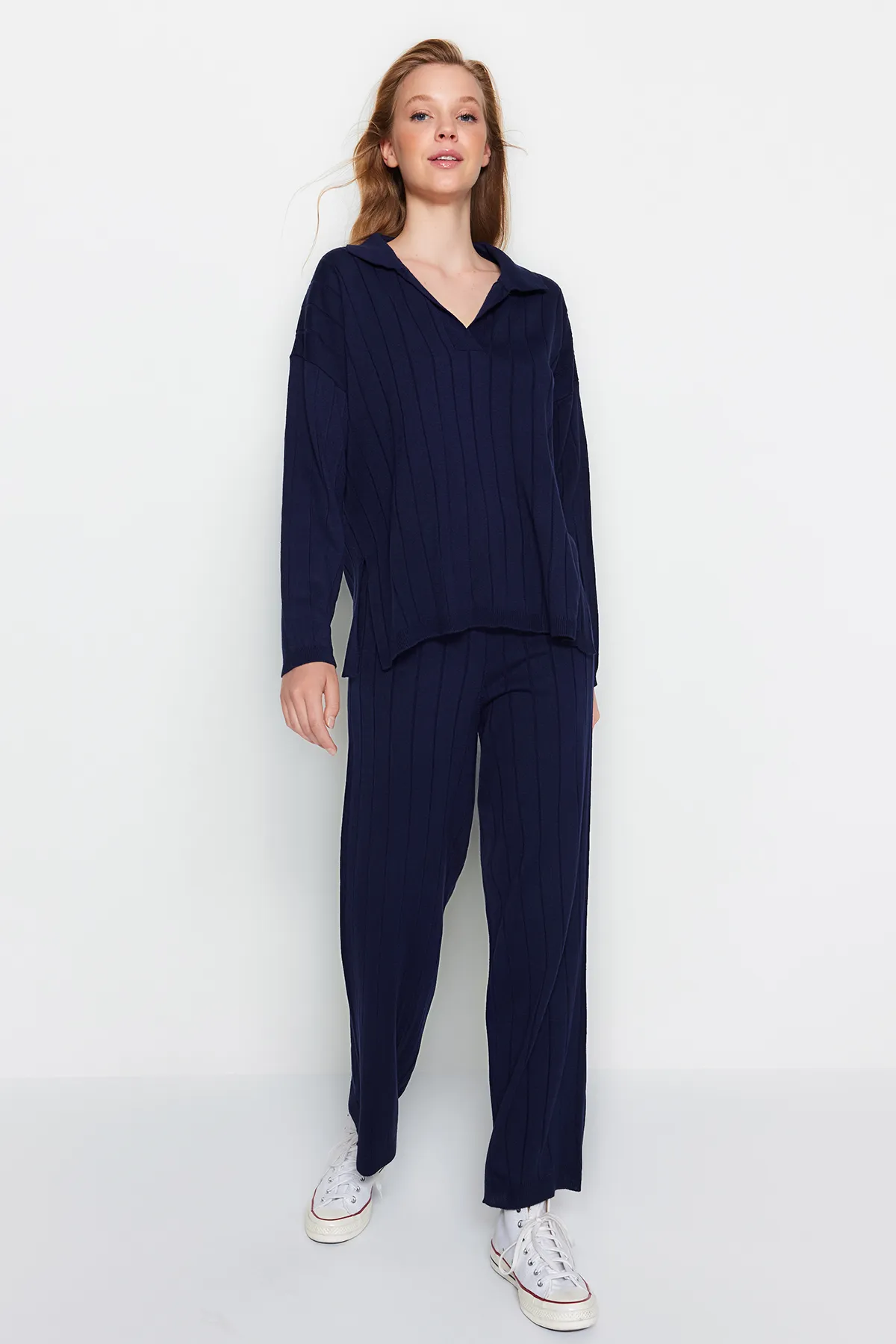 Trendyol Collection  Marineblaues Oversize-Strickoberteil und -unterteil-Set TWOAW24AU00092