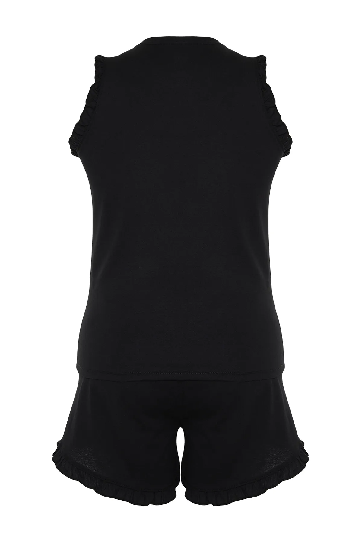 Trendyol Curve  Schwarzes Pyjama-Set aus Strick mit Sportlershorts und Rüschendetail TBBSS24AI00017
