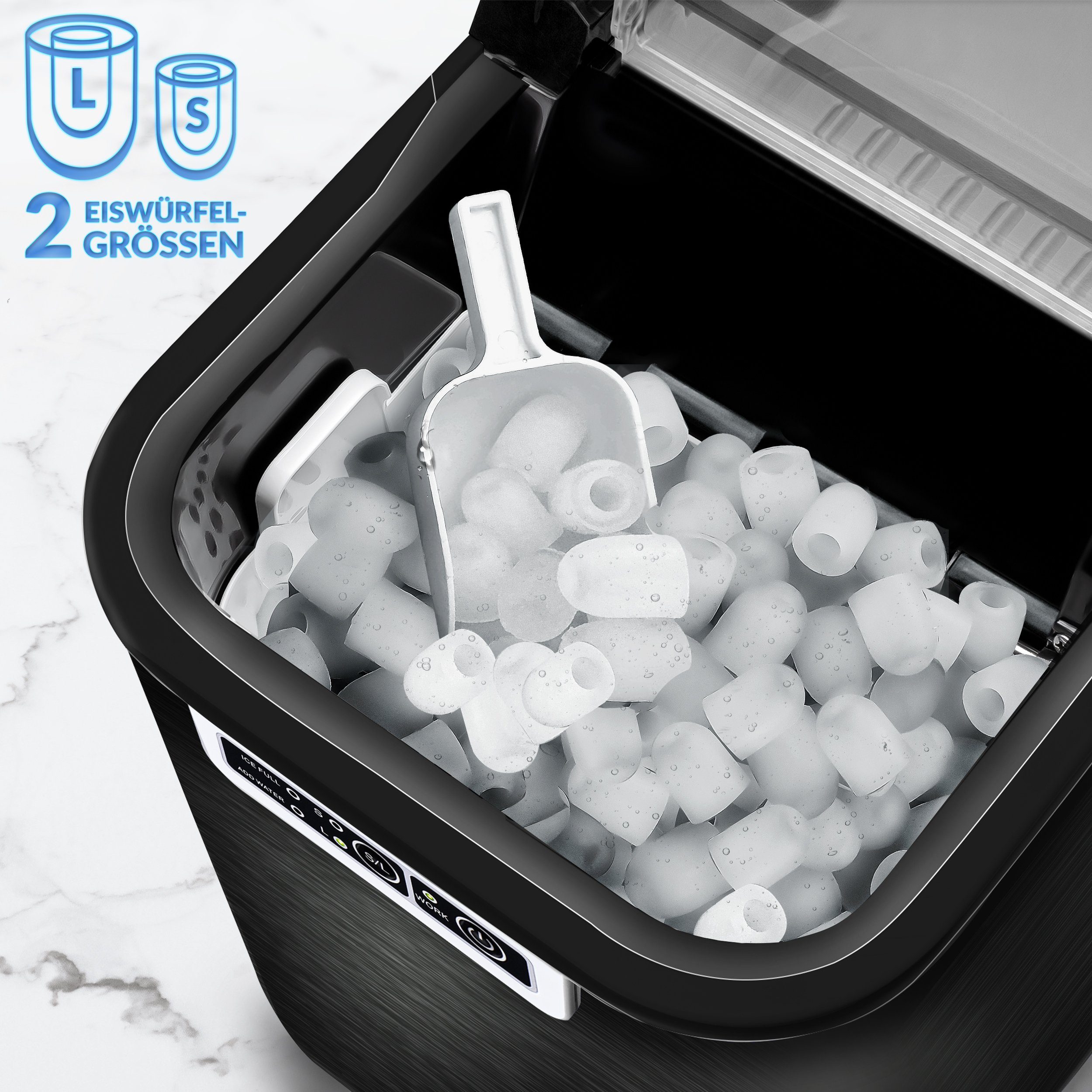tillvex Eiswürfelmaschine 2,2 Liter Wassertank Ice-Maker LED-Display & Selbstreinigungsfunktion, Edelstahl 12 kg - 24 h, Eiswürfelbereiter