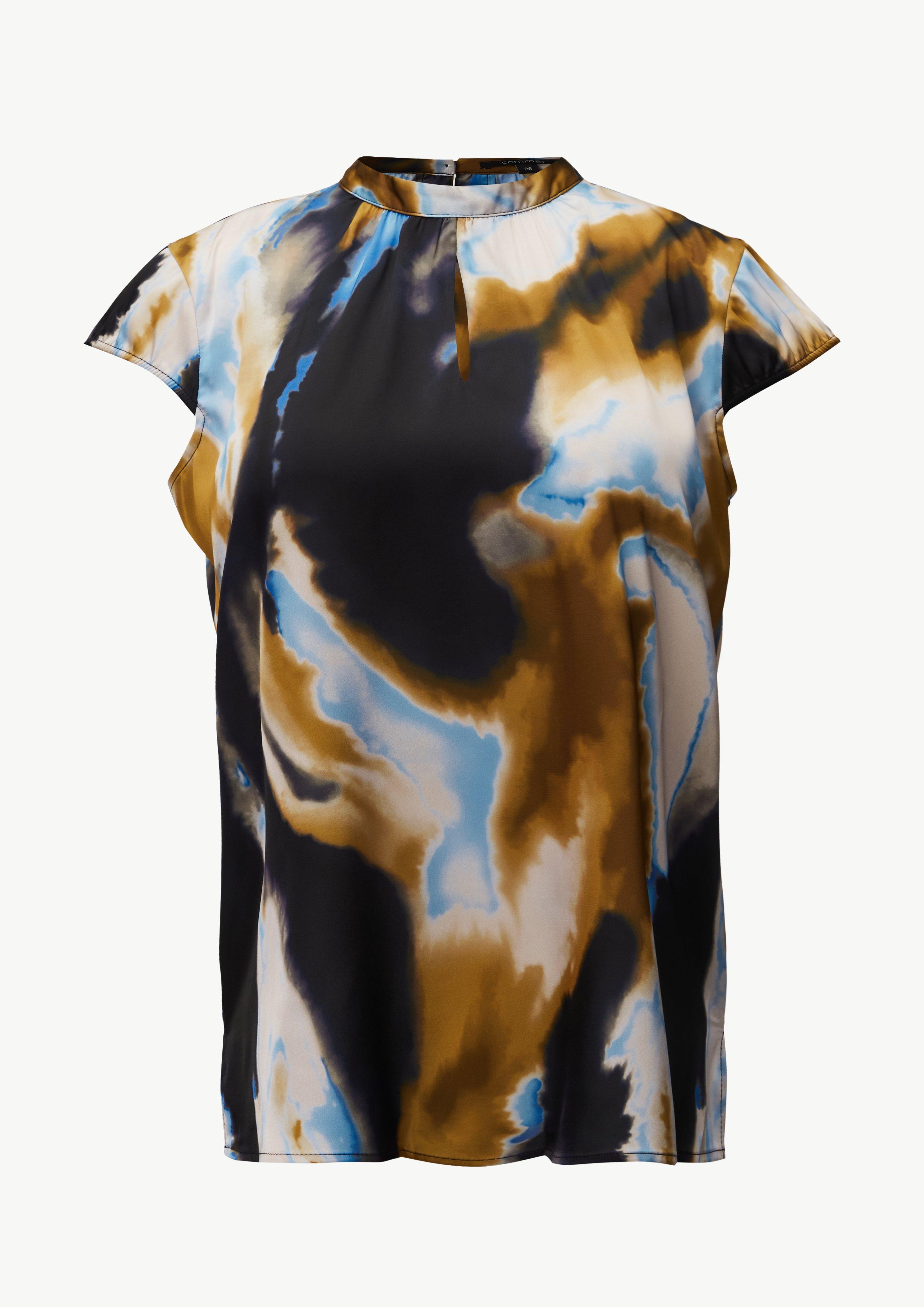 Gemusterte Satin-Bluse mit Raffung - royalblau