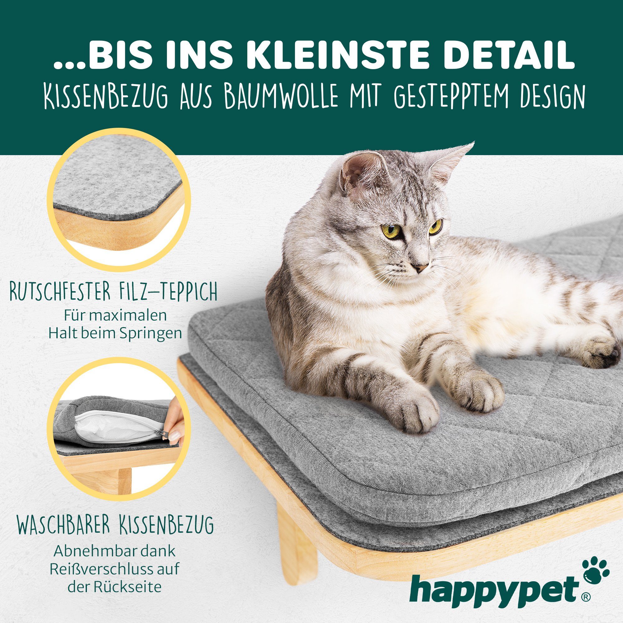 Happypet Katzen-Kletterwand CCLW, inkl. 2 x Katzenstufen Luxus Katzenwand Stabil, Massivholz, bis 45 Kg
