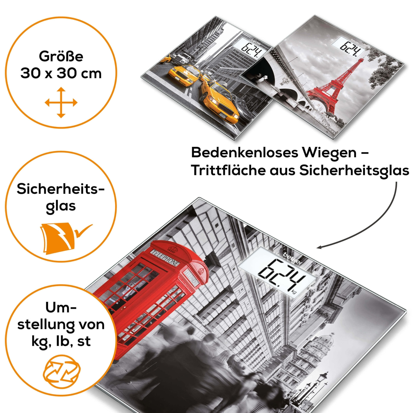 Beurer Glaswaage GS 203 Paris-Personenwaage aus Glas mit beleuchtetem XL-Display - bis 150 kg