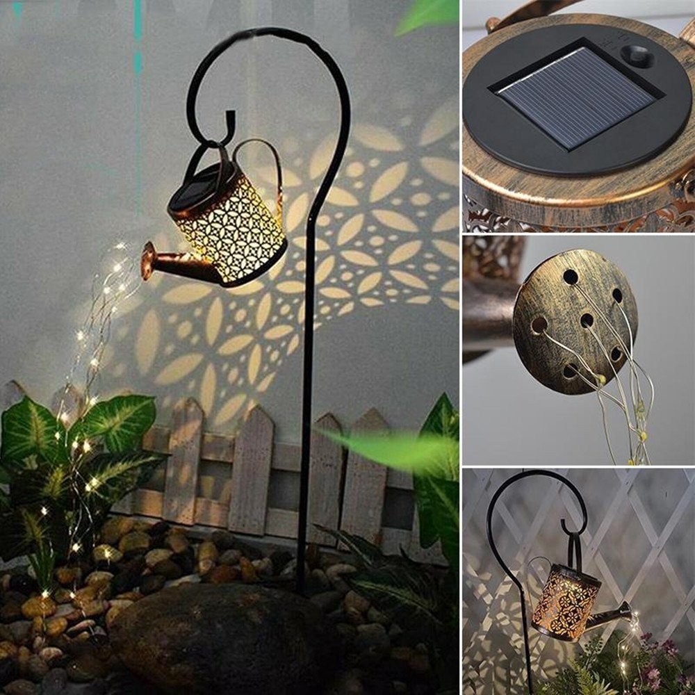 iscooter LED Solarleuchte LED Solar Außenleuchte, Gießkanne Deko-Kanne Wasserfall Außenlampe, LED fest integriert, Warmweiß, IP65, Metall Solarlampen Hängend Garten Deko Solarlaterne für außen