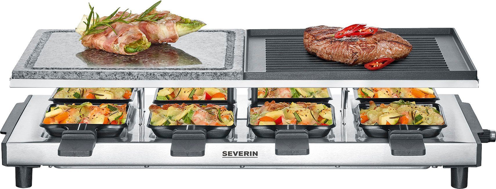 Severin Raclette RG 2373, 8 Raclettepfännchen, 1700 W, Naturgrillstein, Gussplatte, Temperaturregler, Antihaftbeschichtung