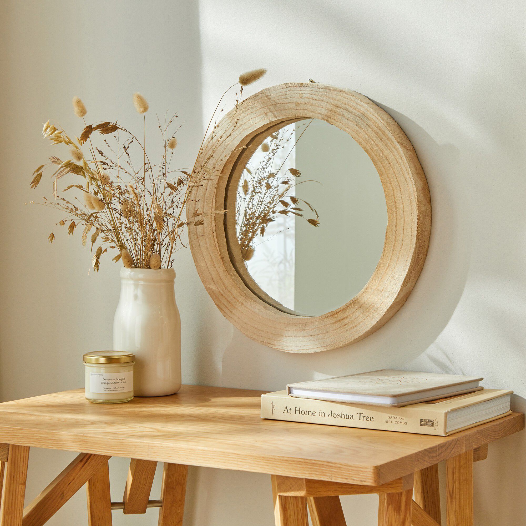 Miroir rond en bois naturel