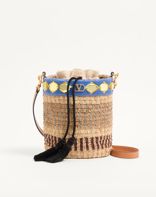 Valentino Garavani lille broderet raffia-buckettaske