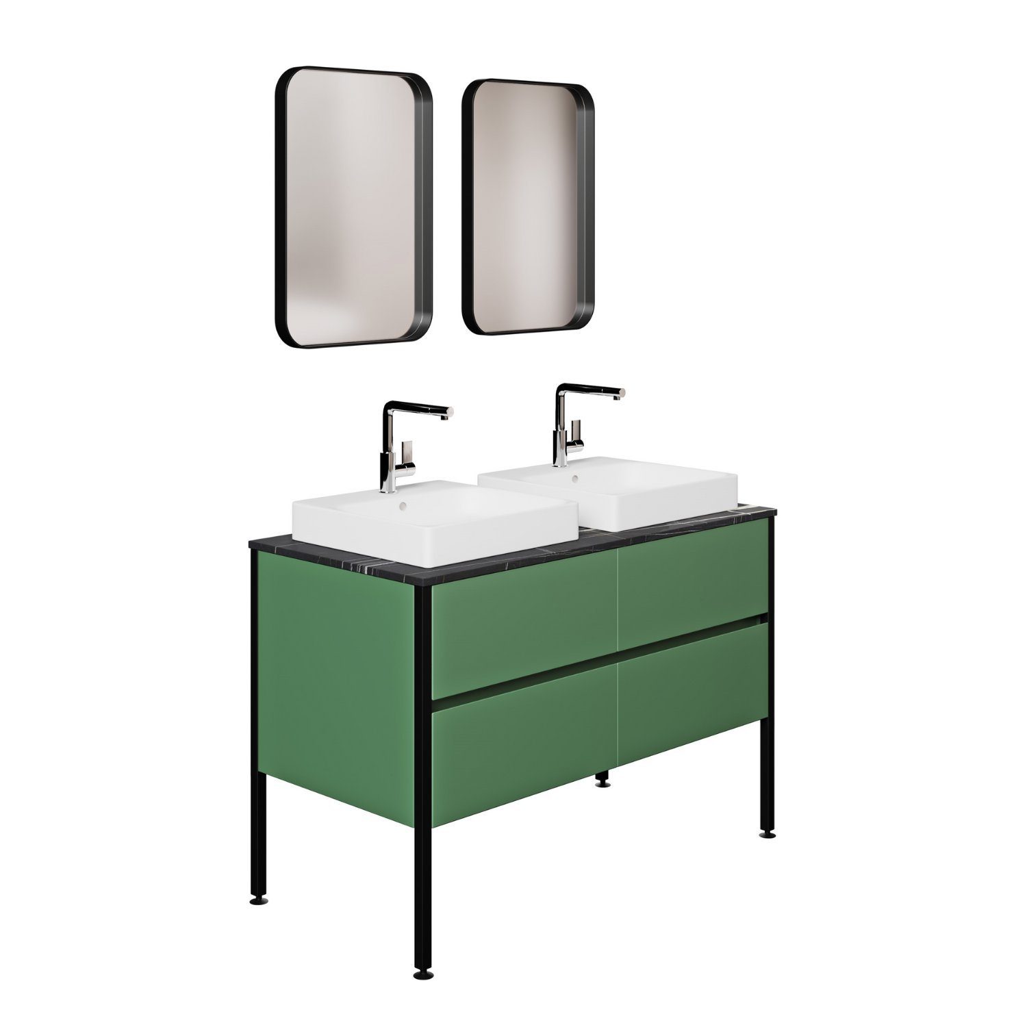 Karen Badmöbel-Set Yesim, (Komplett-Set, 6-Teilig (Unterschrank, Konsole, zwei Spiegel, zwei Waschbecken), Unterschrank mit vier Schubladen, zwei Waschbecken und zwei Spiegel), Doppelwaschtisch, Modernes Design, Acryl-Beschichtung, Softclose