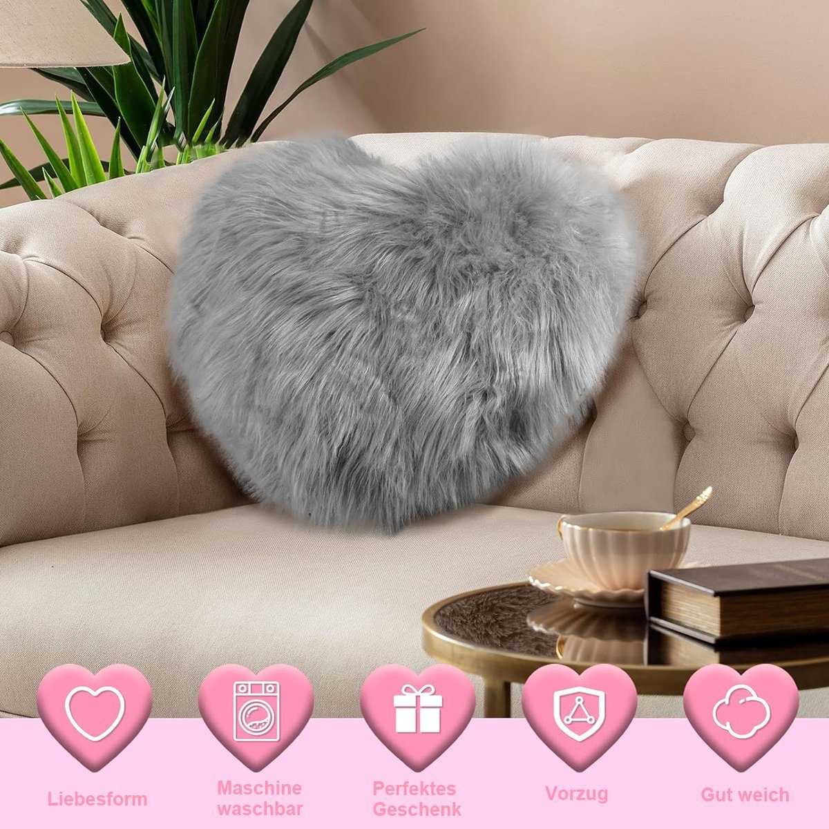 flowgoer Sitzkissen 40 x 45 cm großes Herzkissen, weicher, flauschiger langer Plüsch, Liebes-Wurfkissen für Schlafzimmer-Sofa-Couch-Geschenk