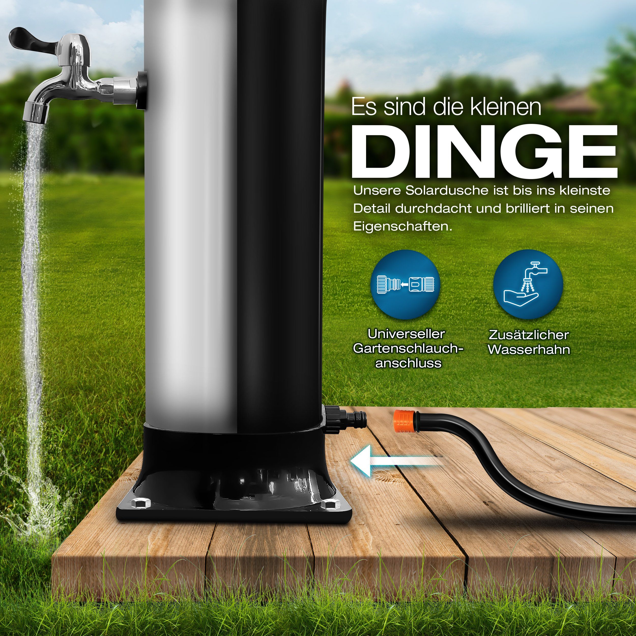 tillvex Solardusche 40 Liter inkl. Schutzhaube Solar Garten-dusche (mit Wasserhahn und Regenduschkopf Gartenschlauch-Anschluss), warmes Wasser Pooldusche Camping, ohne Stromanschluss