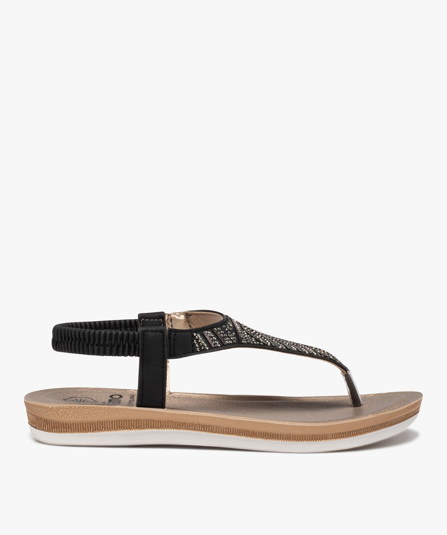 Sandales femme plates à entre-doigts ornées de strass noir | GEMO