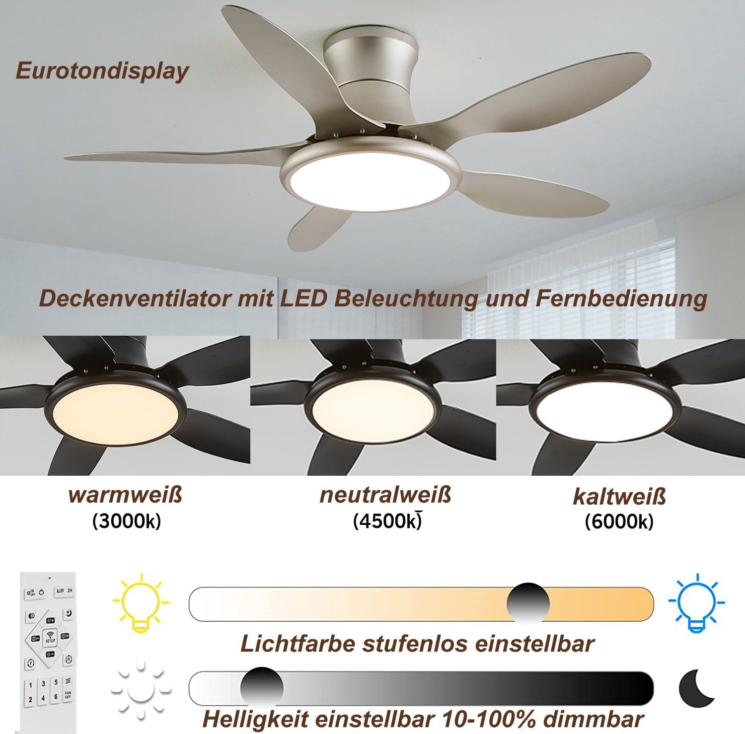 Euroton Deckenventilator Deckenventilator LED Beleuchtung 6 Geschwindigkeiten timer 2 Stunden