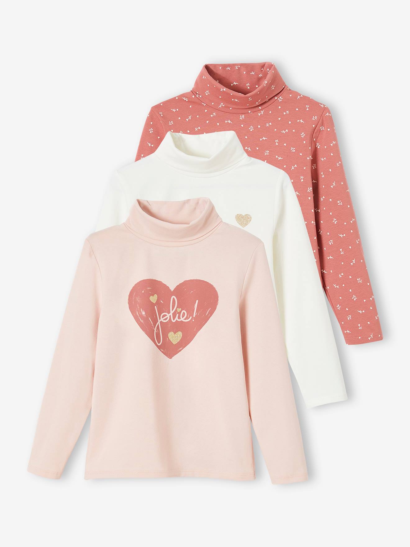 Lot de 3 T-shirts col roulé Basics fille lot gris anthracite
