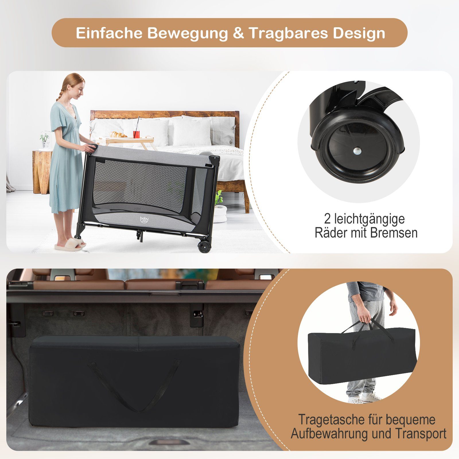 COSTWAY Baby-Reisebett, mit Matratze & Wickeltisch, 110 x 78 x 78 cm