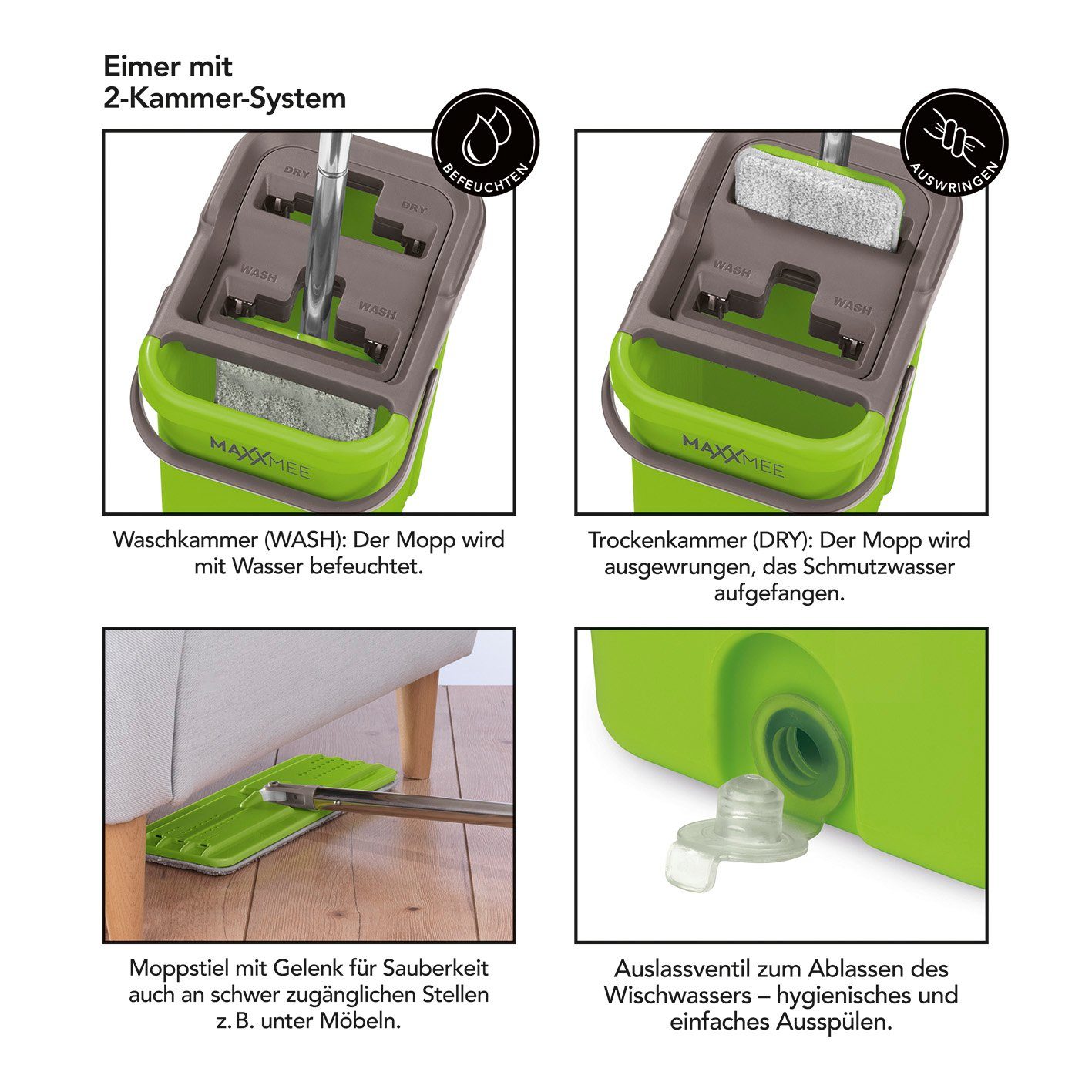 MAXXMEE Wischmopp Komfort-Mopp Smart 7,5 l - Bodenwischer - Eimer 2-Kammer-System - limegreen