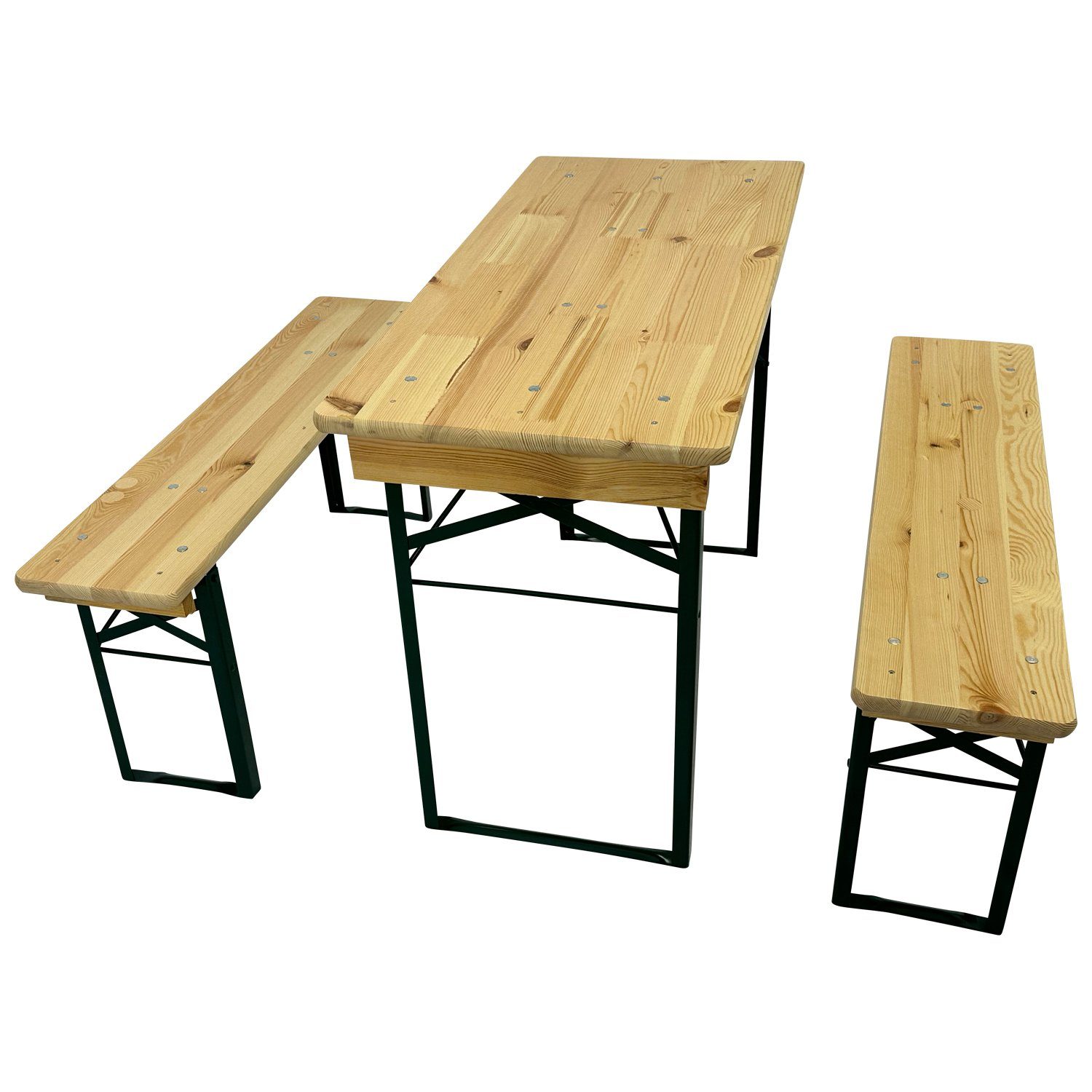 DEGAMO Bierzeltgarnitur MUCK, (3-tlg), 110cm, Kiefer + Stahl grün, für kleine Flächen