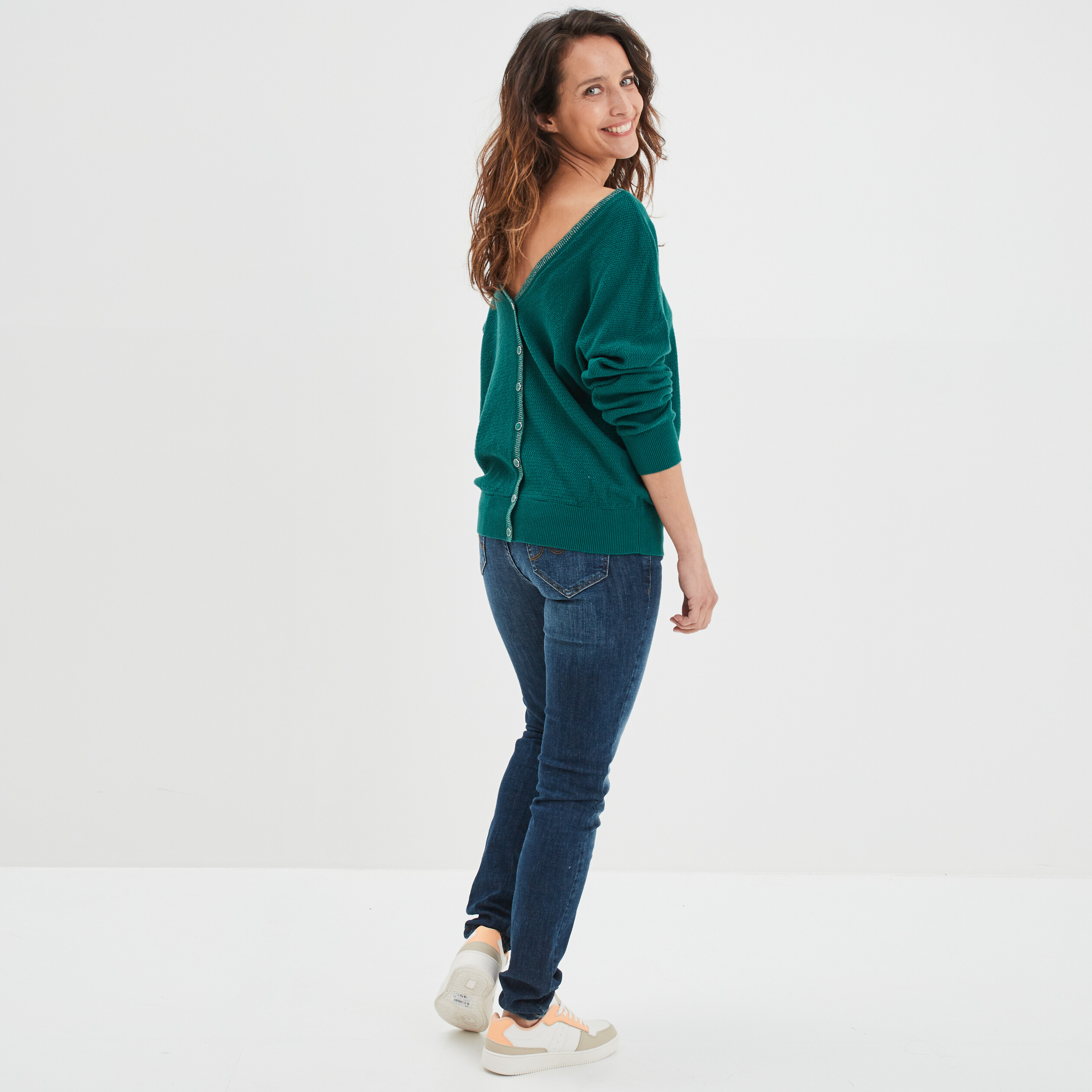 Pull gilet recto-verso col en V vert émeraude femme | La Halle