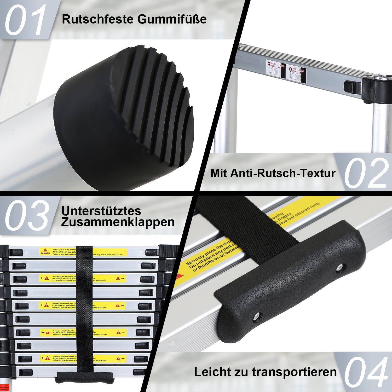 Gimisgu Teleskopleiter Teleskopleiter Alu 1.9+1.9m mit Stabilisator Rädern Anlegeleiter