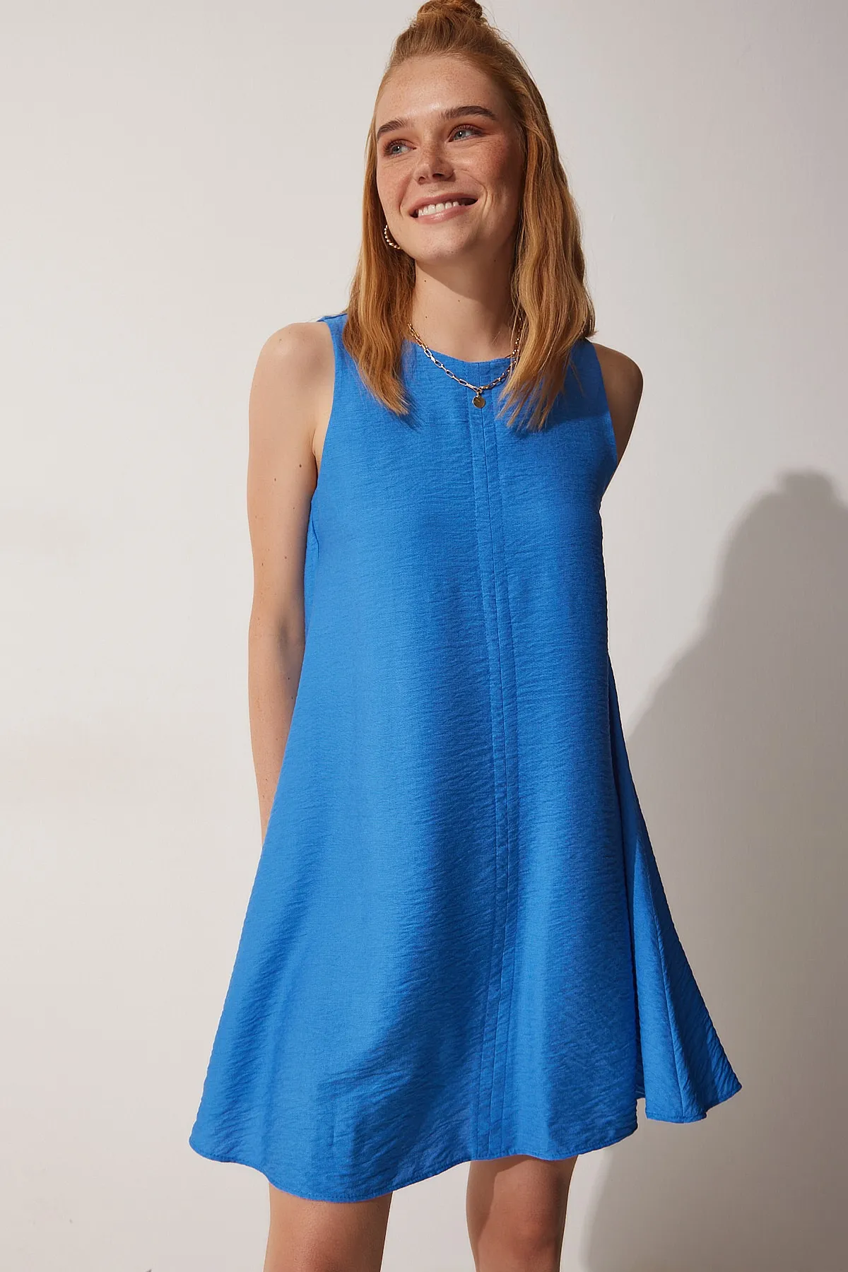 Happiness İstanbul  Indigoblaues Sommer-Glockenkleid aus Webstoff BF00067 für Damen