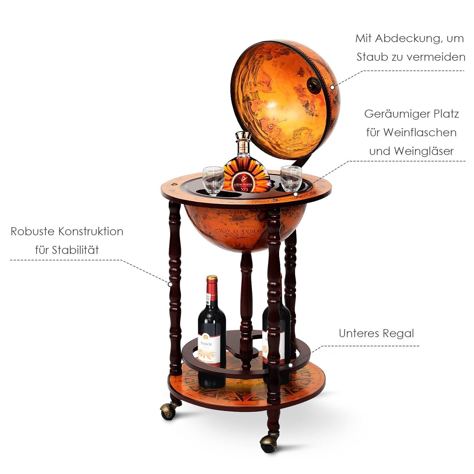 COSTWAY Weinregal stehend, Flaschenregal, Globusbar, mit Rollen & Deckel