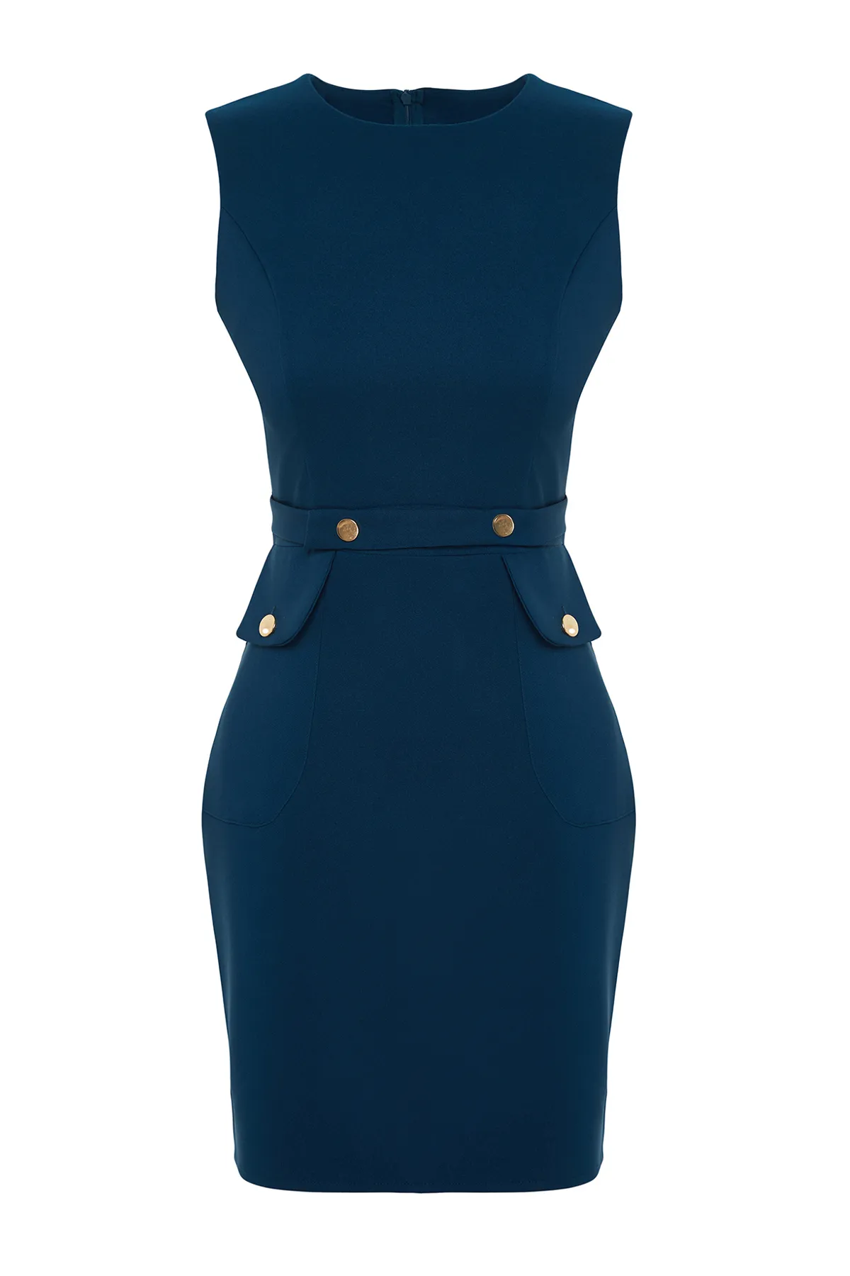 Trendyol Collection  Petrolblaues, figurbetontes Mini-Webkleid mit Gürteltasche und detailliertem Schnitt TWOSS23EL02037